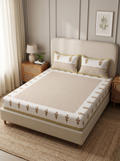 OLIVE HOME White Mustard Floral Buta Cotton King Size Fitted Bedsheet Set