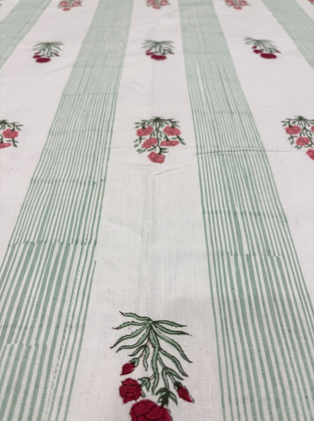 OLIVE HOME Green Striped Pink Floral Buta Cotton King Size Flat Bedsheet Set