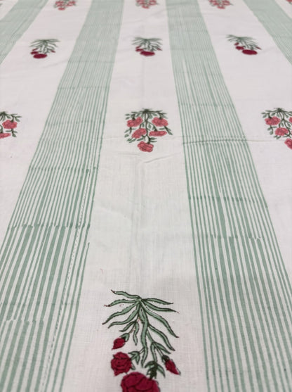 OLIVE HOME Green Striped Pink Floral Buta Cotton King Size Flat Bedsheet Set