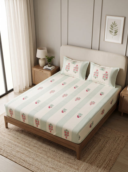 OLIVE HOME Green Striped Pink Floral Buta Cotton King Size Flat Bedsheet Set