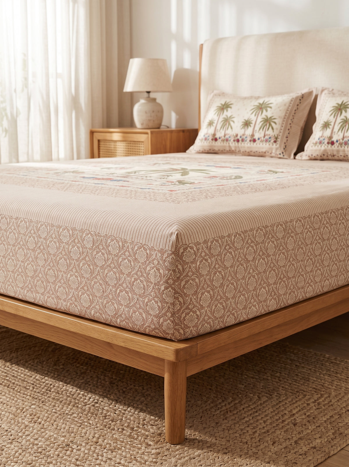 OLIVE HOME Beige Pink Palm Tree Parrot Cotton King Size Fitted Bedsheet Set