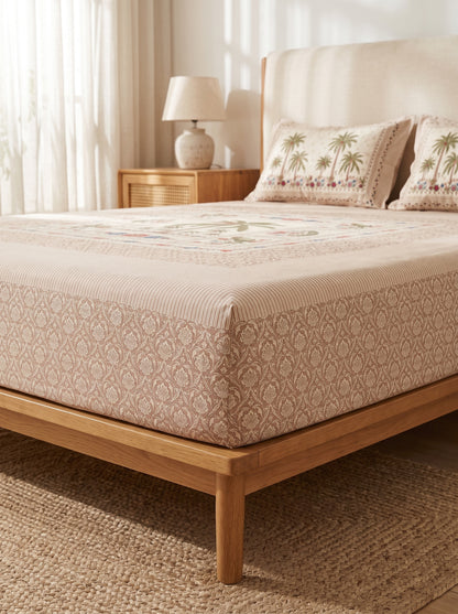 OLIVE HOME Beige Pink Palm Tree Parrot Cotton King Size Fitted Bedsheet Set