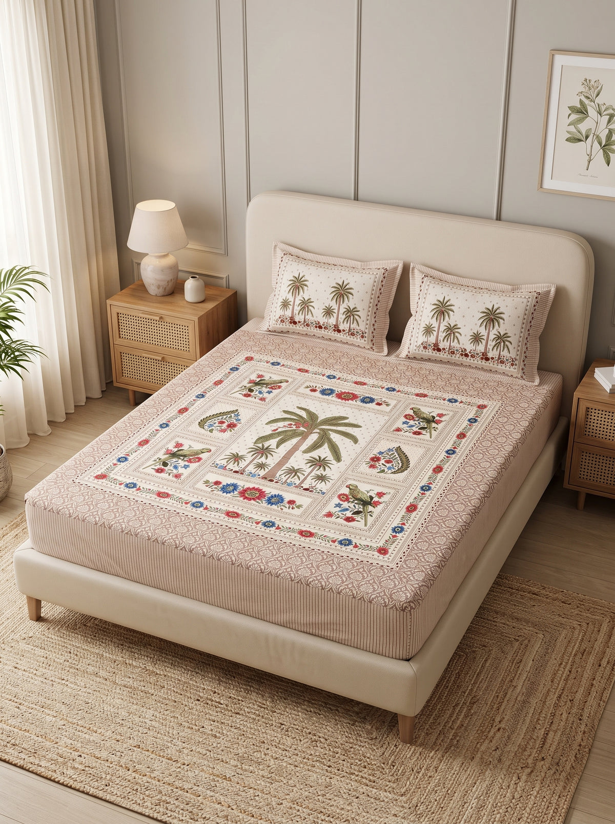 OLIVE HOME Beige Pink Palm Tree Parrot Cotton King Size Fitted Bedsheet Set