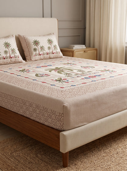 OLIVE HOME Beige Pink Palm Tree Parrot Cotton King Size Fitted Bedsheet Set