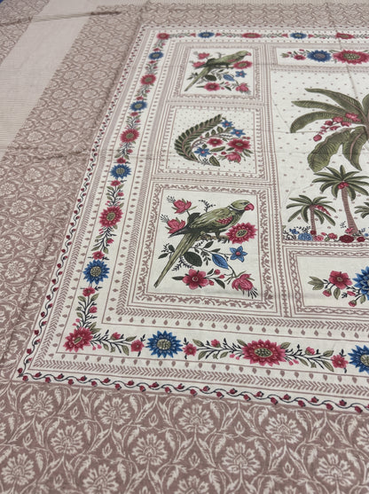 OLIVE HOME Beige Pink Palm Tree Parrot Cotton King Size Fitted Bedsheet Set