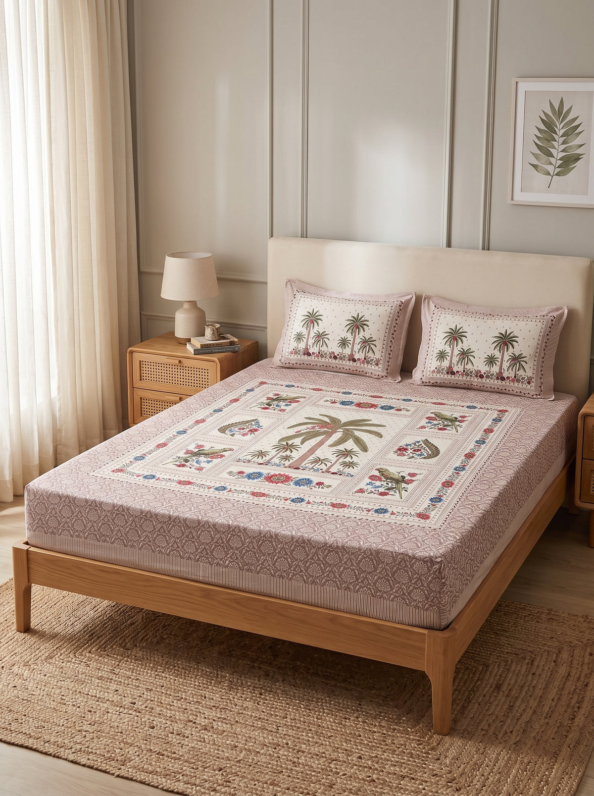 OLIVE HOME Beige Pink Palm Tree Parrot Cotton King Size Fitted Bedsheet Set