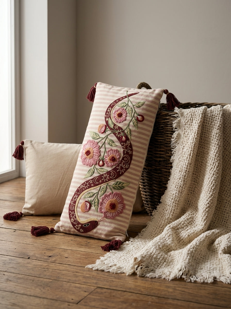 Beige Striped Floral Embroidered Rectangle Cotton Cushion Cover