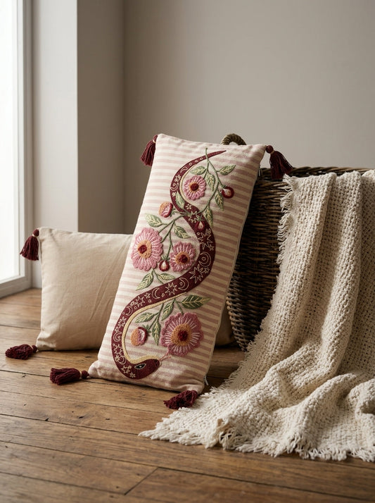 Beige Striped Floral Embroidered Rectangle Cotton Cushion Cover