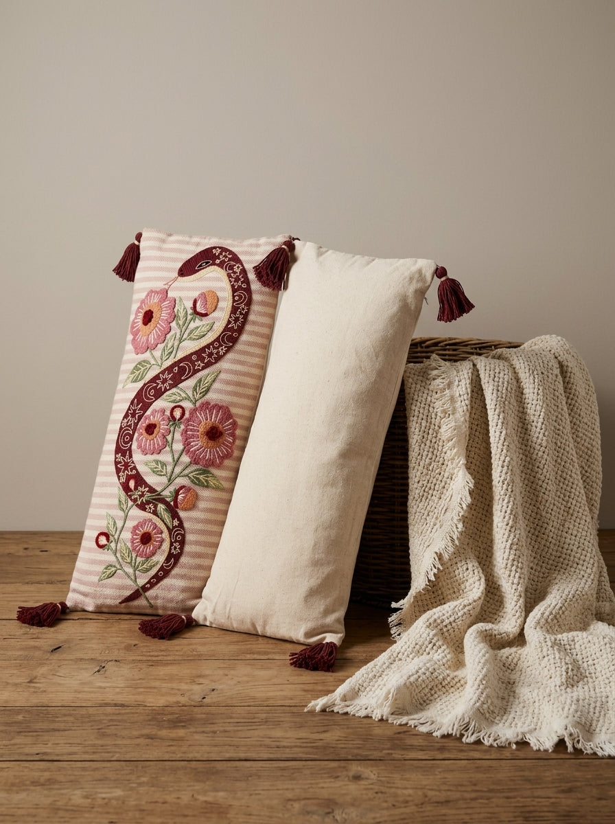 Beige Striped Floral Embroidered Rectangle Cotton Cushion Cover