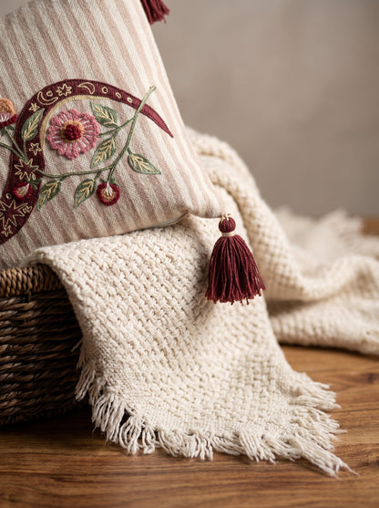 Beige Striped Floral Embroidered Rectangle Cotton Cushion Cover