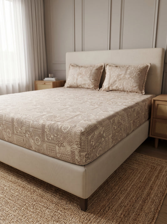 OLIVE HOME Cotton King Size Beige Paisley Patchwork Fitted Bedsheet set