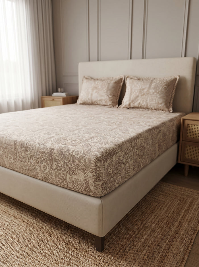 OLIVE HOME Cotton King Size Beige Paisley Patchwork Fitted Bedsheet set