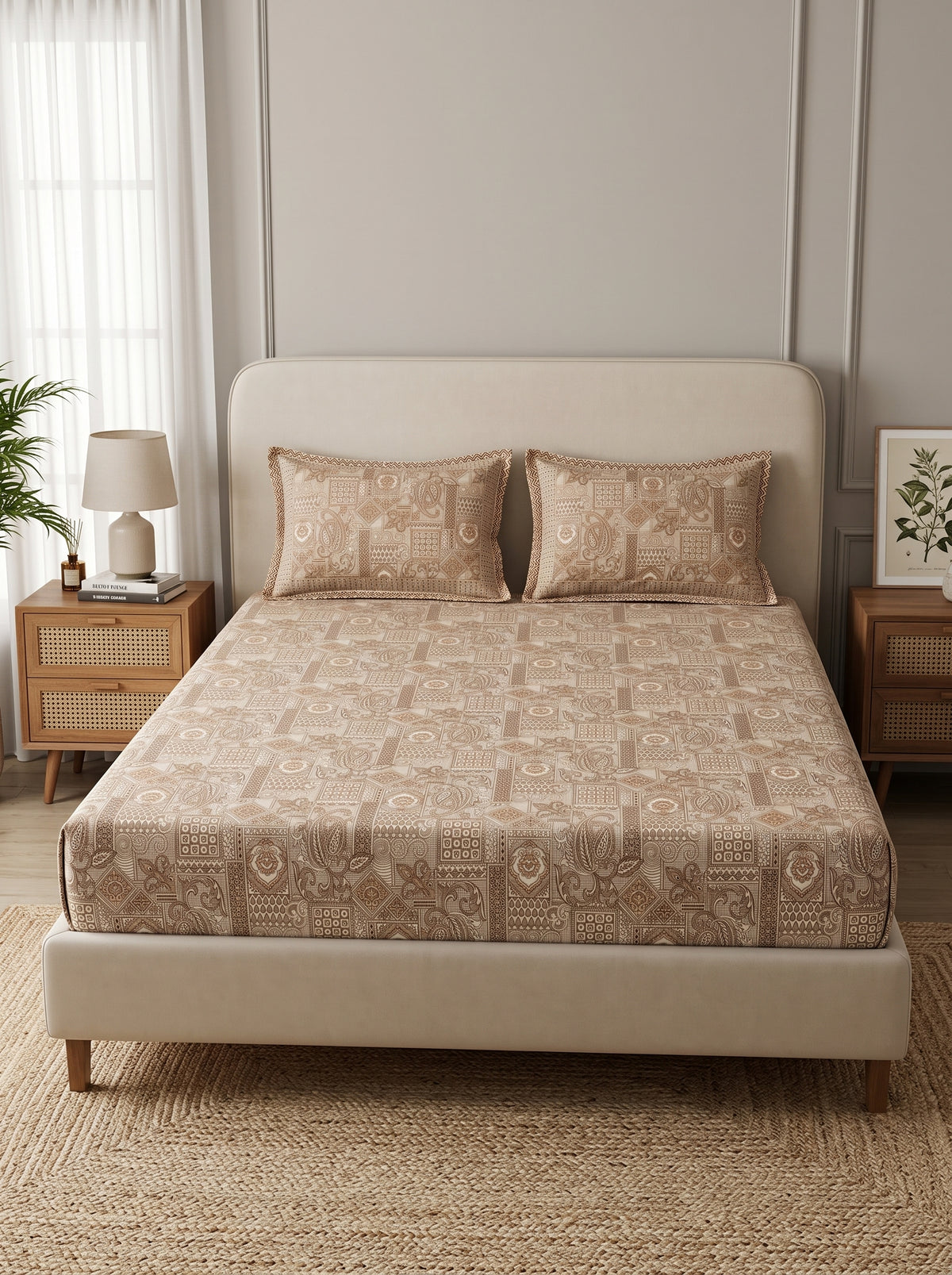 OLIVE HOME Cotton King Size Beige Paisley Patchwork Fitted Bedsheet set