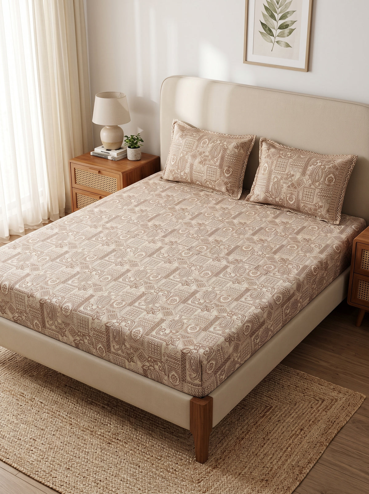 OLIVE HOME Cotton King Size Beige Paisley Patchwork Fitted Bedsheet set