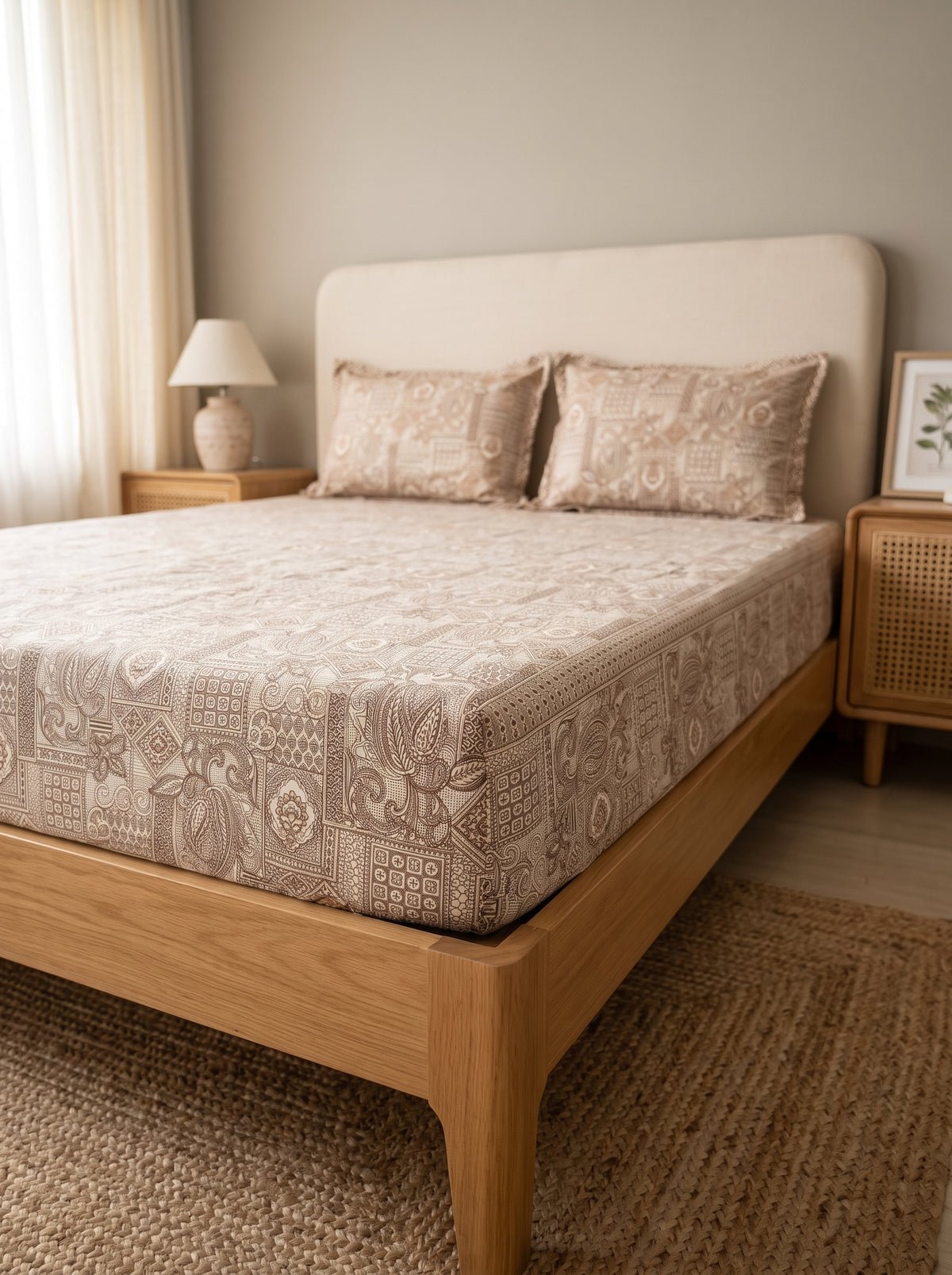OLIVE HOME Cotton King Size Beige Paisley Patchwork Fitted Bedsheet set