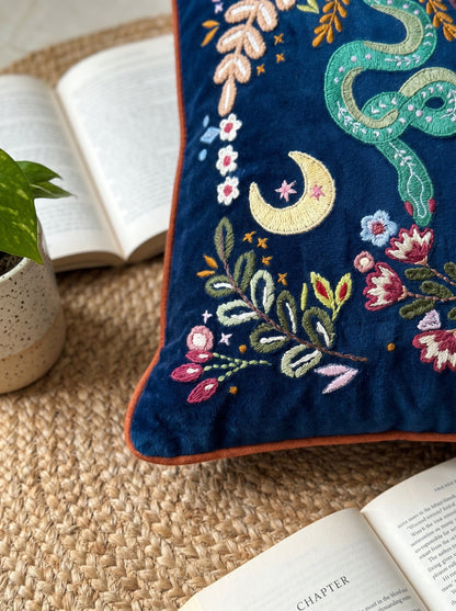 Blue Striped Embroidered Floral Snake Rectangle Cotton Cushion Cover