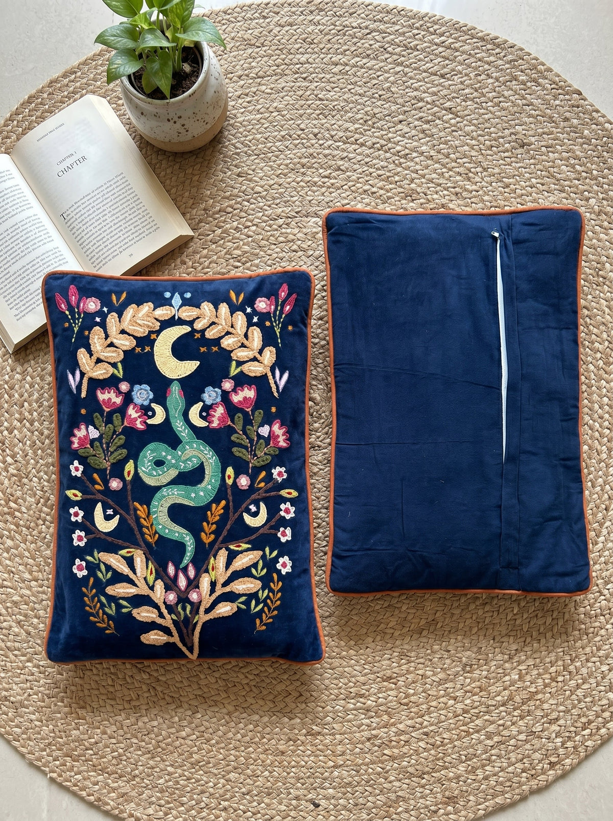 Blue Striped Embroidered Floral Snake Rectangle Cotton Cushion Cover