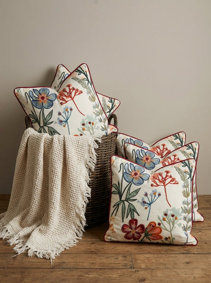 White Floral Embroidered Square Cotton Cushion Cover