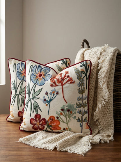 White Floral Embroidered Square Cotton Cushion Cover