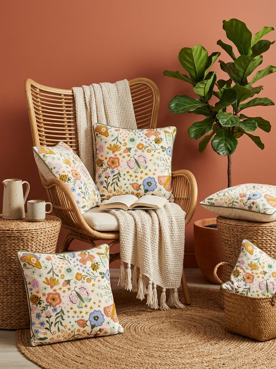 White Floral Printed Square Cotton Cushion Cover