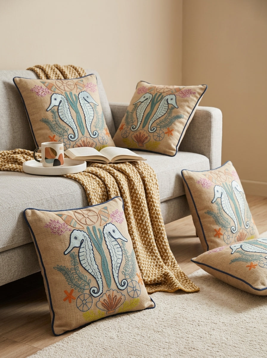 Beige Cotton Square Embroidered Cushion Cover With Seahorse Motif