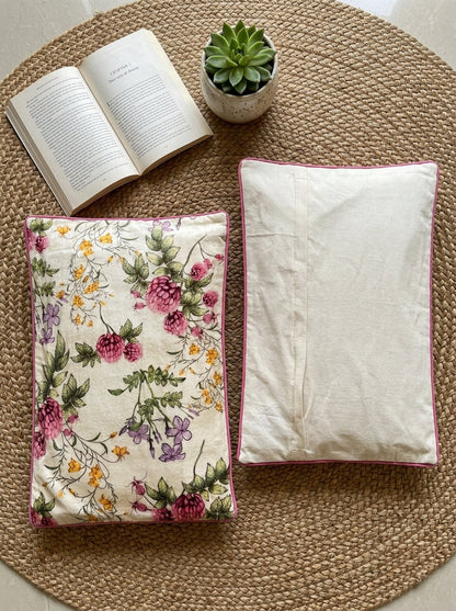 White Velvet Rectangular Floral Printed Cushion Cover