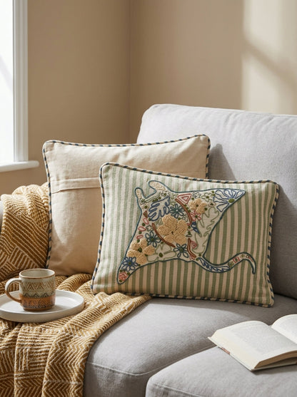 Olive Cotton Nautical Embroidered Rectangular Cushion Cover
