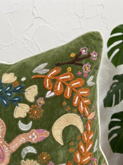 Olive Velvet Square Nature-Inspired Embroidered Cushion Cover