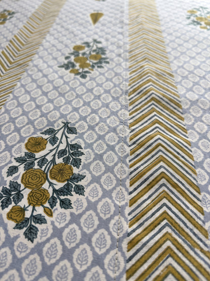 OLIVE HOME Mustard Leaf Floral Buta Striped Cotton King Size Flat Bedsheet Set