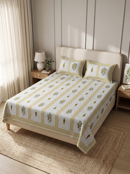 OLIVE HOME Mustard Leaf Floral Buta Striped Cotton King Size Flat Bedsheet Set