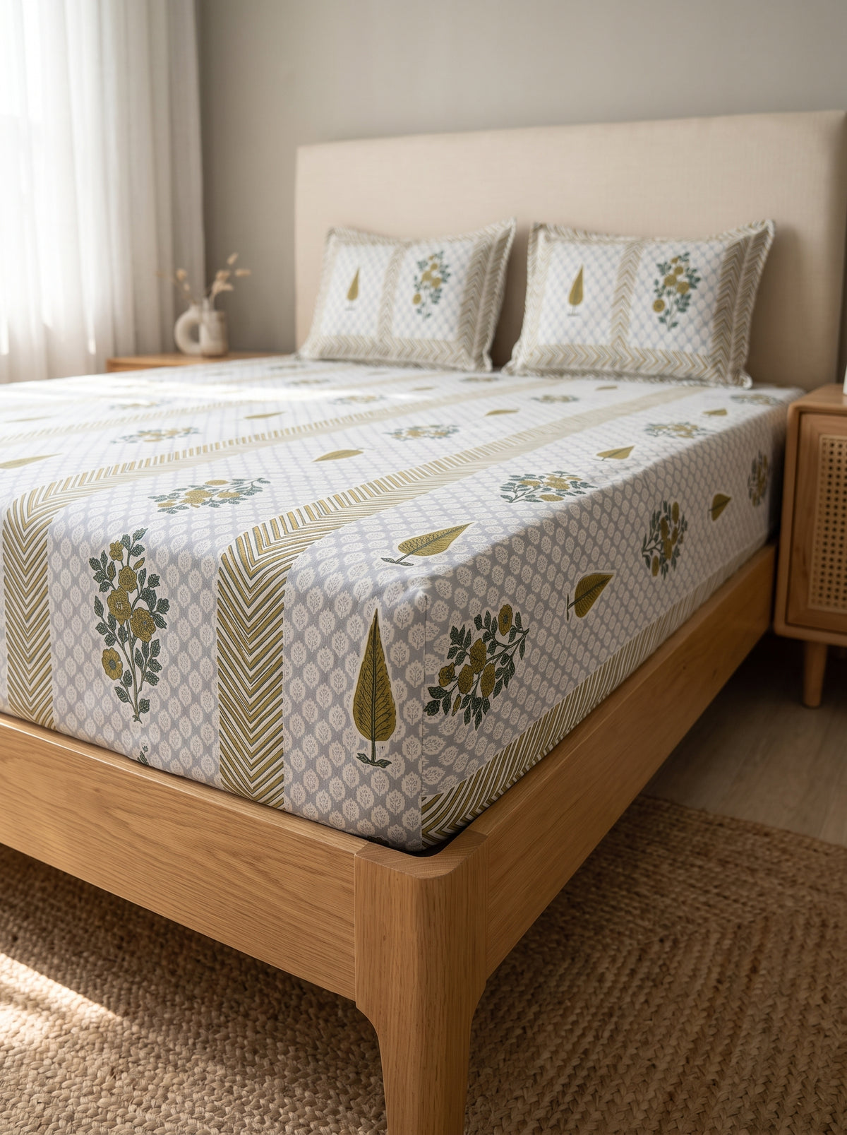 OLIVE HOME Mustard Leaf Floral Buta Striped Cotton King Size Flat Bedsheet Set