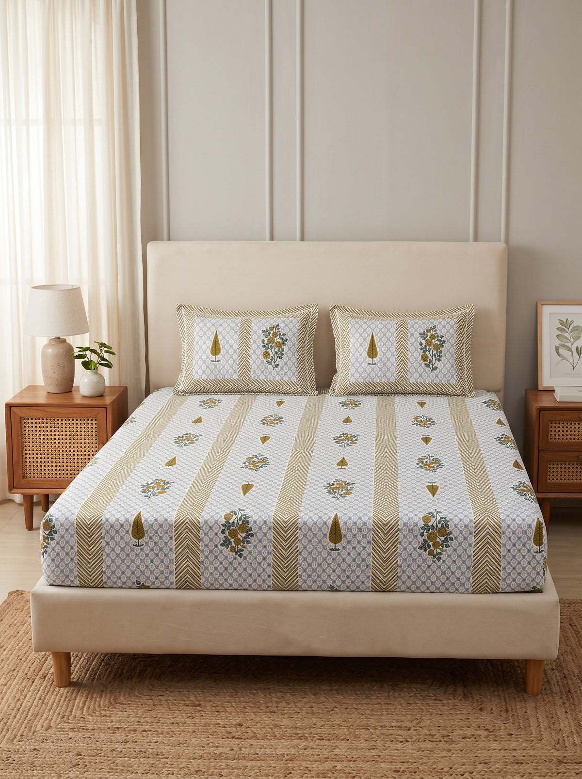 OLIVE HOME Mustard Leaf Floral Buta Striped Cotton King Size Flat Bedsheet Set