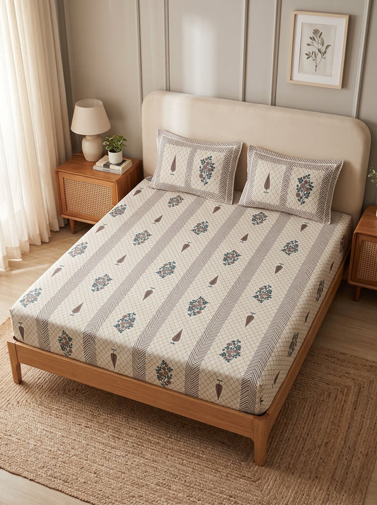 OLIVE HOME Beige Brown Leaf Floral Buta Striped Cotton King Size Fitted Bedsheet Set