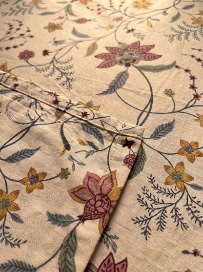 OLIVE HOME Cream Multicolour Floral Vine Cotton King Size Fitted Bedsheet Set