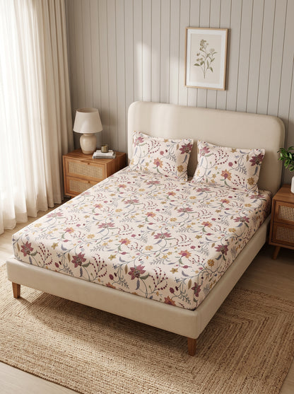 OLIVE HOME Cream Multicolour Floral Vine Cotton King Size Fitted Bedsheet Set