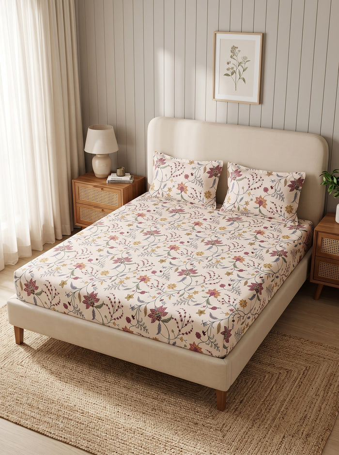 OLIVE HOME Cream Multicolour Floral Vine Cotton King Size Fitted Bedsheet Set