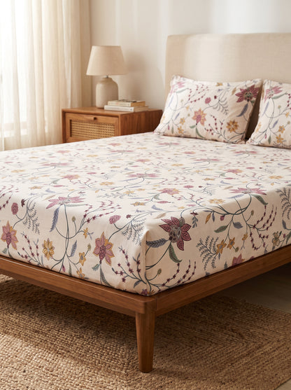 OLIVE HOME Cream Multicolour Floral Vine Cotton King Size Fitted Bedsheet Set