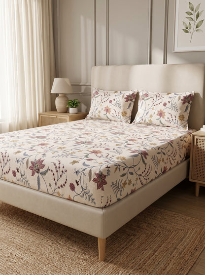 OLIVE HOME Cream Multicolour Floral Vine Cotton King Size Fitted Bedsheet Set