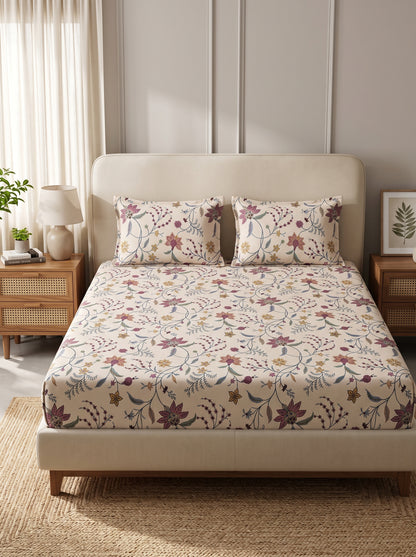 OLIVE HOME Cream Multicolour Floral Vine Cotton King Size Fitted Bedsheet Set