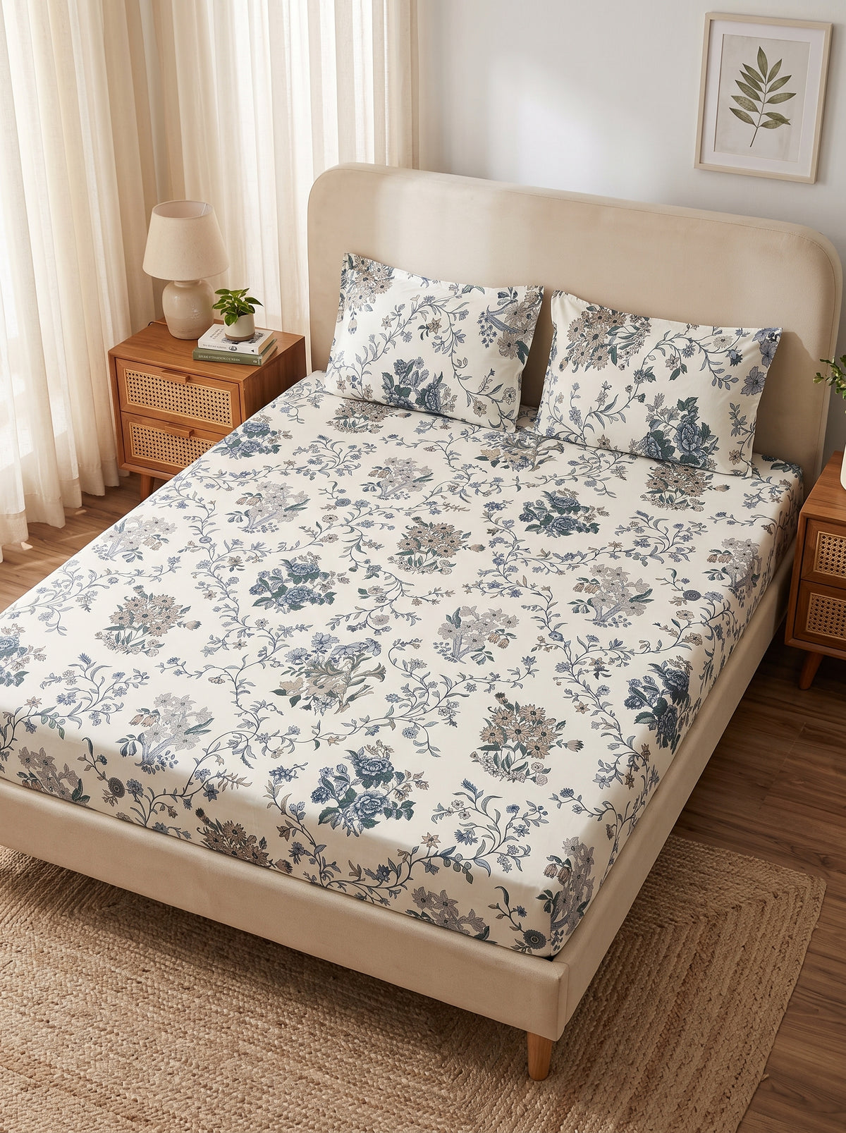 OLIVE HOME Cream Blue Floral Vine Cotton King Size Fitted Bedsheet Set