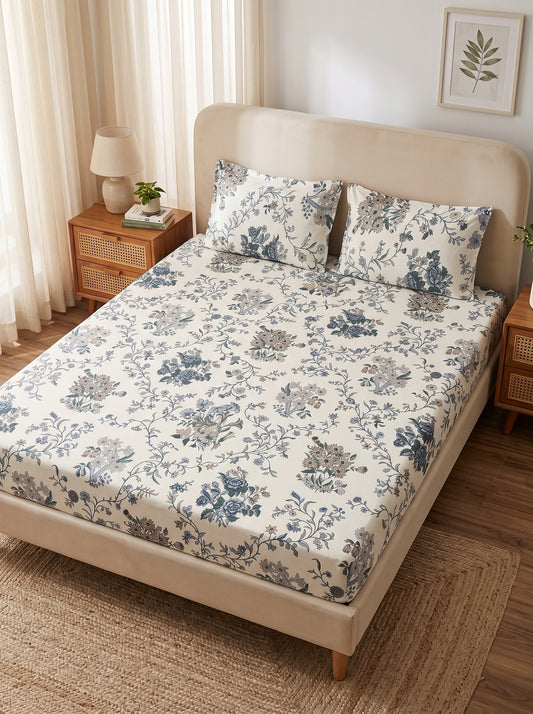 OLIVE HOME Cream Blue Floral Vine Cotton King Size Fitted Bedsheet Set