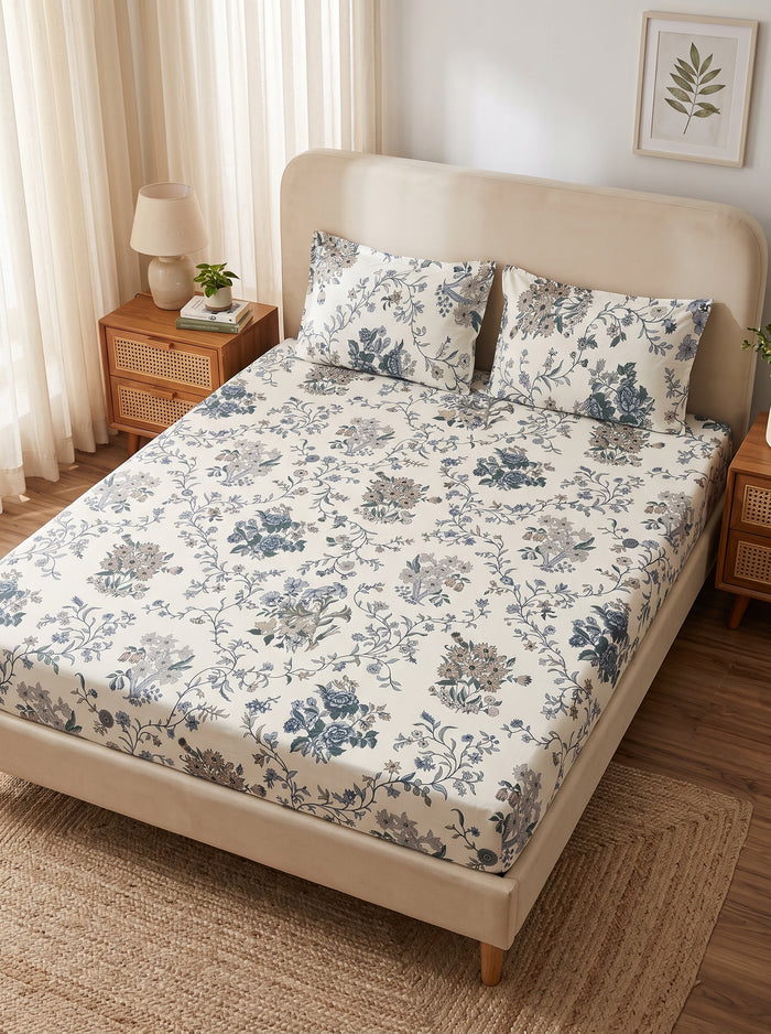 OLIVE HOME Cream Blue Floral Vine Cotton King Size Fitted Bedsheet Set
