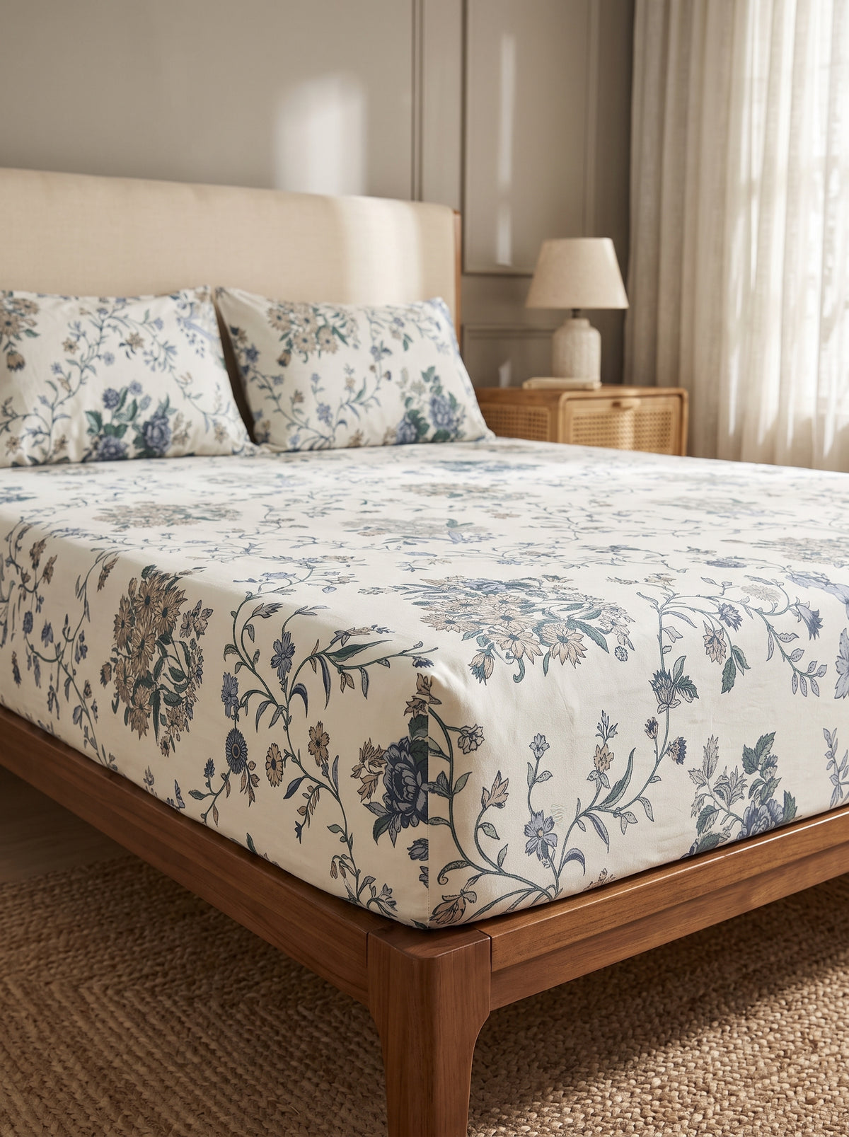 OLIVE HOME Cream Blue Floral Vine Cotton King Size Fitted Bedsheet Set
