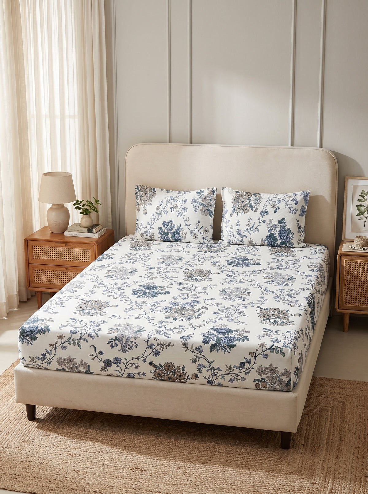 OLIVE HOME Cream Blue Floral Vine Cotton King Size Fitted Bedsheet Set