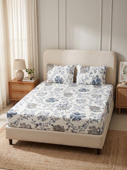 OLIVE HOME Cream Blue Floral Vine Cotton King Size Fitted Bedsheet Set