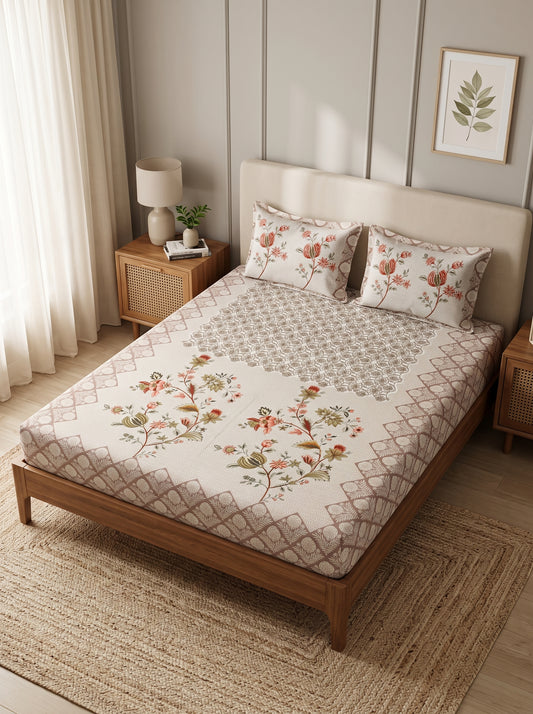 OLIVE HOME Beige Coral Floral Bouquet Cotton King Size Fitted Bedsheet Set