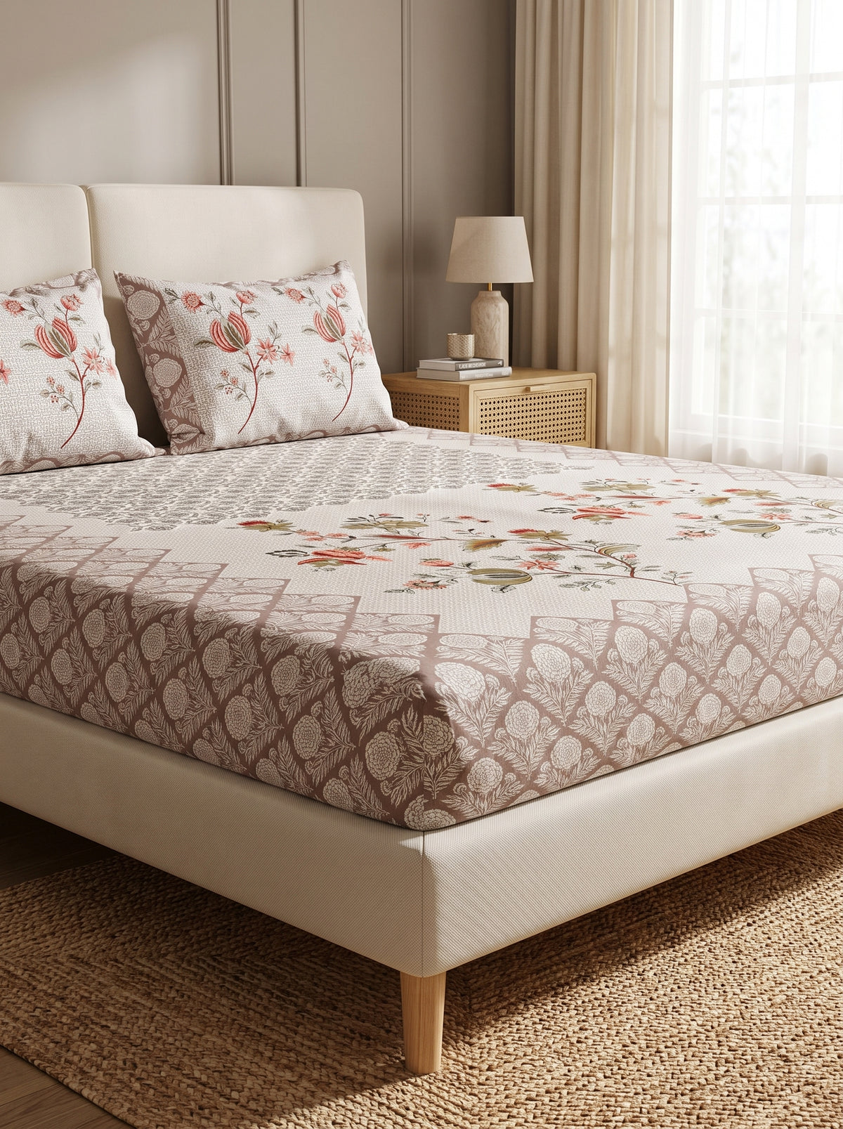 OLIVE HOME Beige Coral Floral Bouquet Cotton King Size Fitted Bedsheet Set