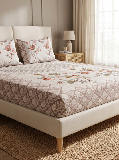OLIVE HOME Beige Coral Floral Bouquet Cotton King Size Fitted Bedsheet Set