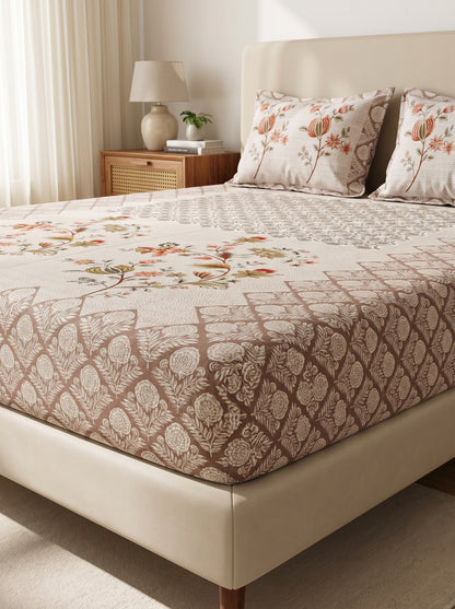 OLIVE HOME Beige Coral Floral Bouquet Cotton King Size Fitted Bedsheet Set