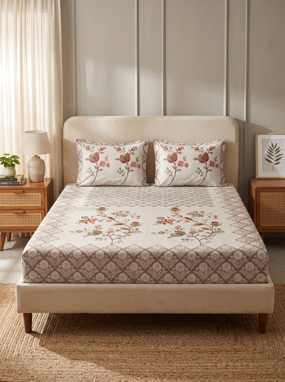 OLIVE HOME Beige Coral Floral Bouquet Cotton King Size Fitted Bedsheet Set